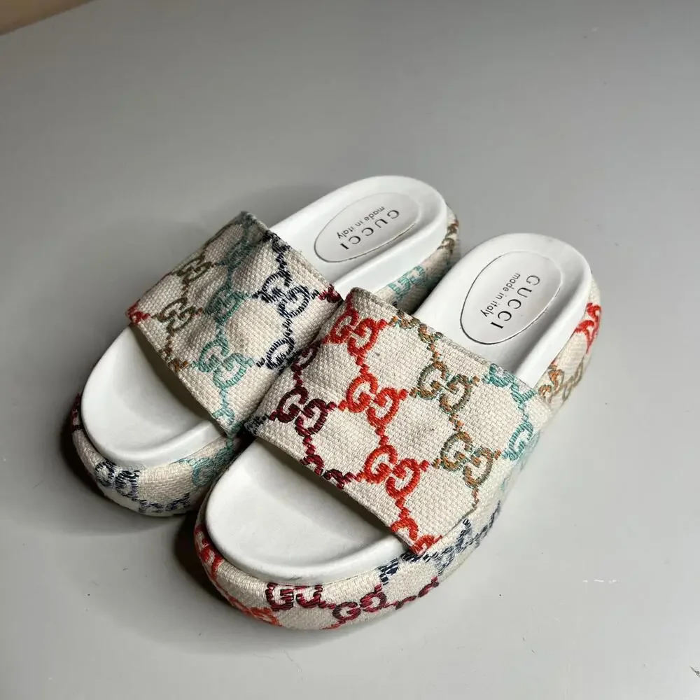 Gucci Women's Sandals Multicolor GG Canvas Slide Platform Made In Italy Monogram - Picture 5 of 11